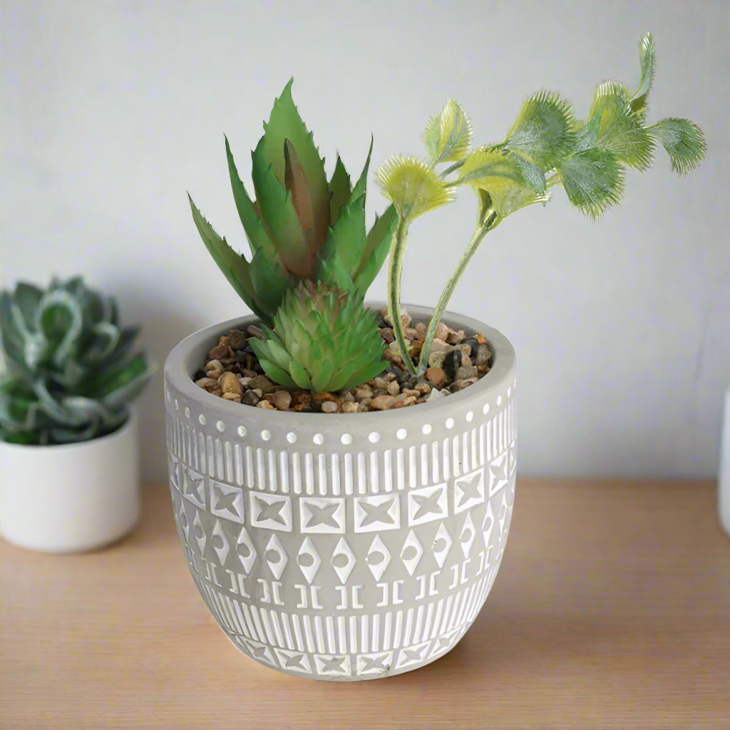 Faux Plant In Cement Pot